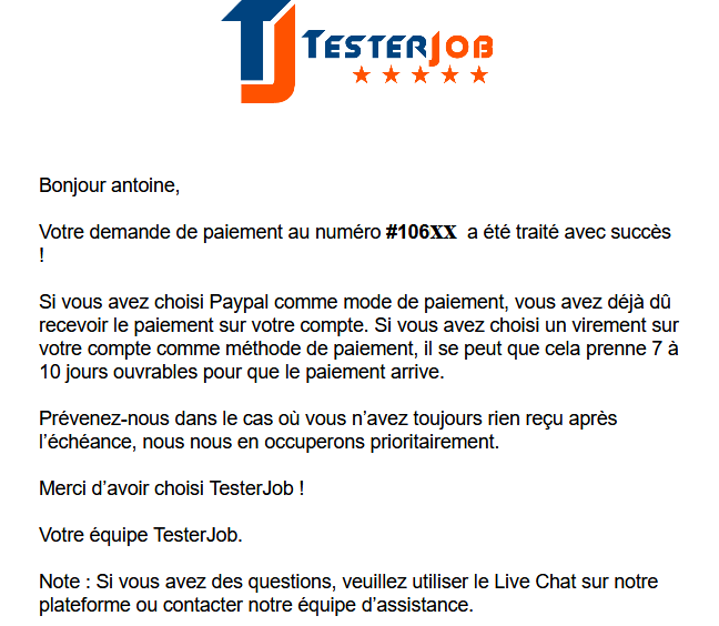 PAIEMENT TESTERJOB DE 20€